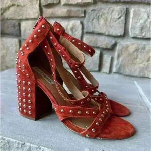 Steve Madden Fara Sandals Rust Suede Leather Studded Ankle Strap‎ SZ 9